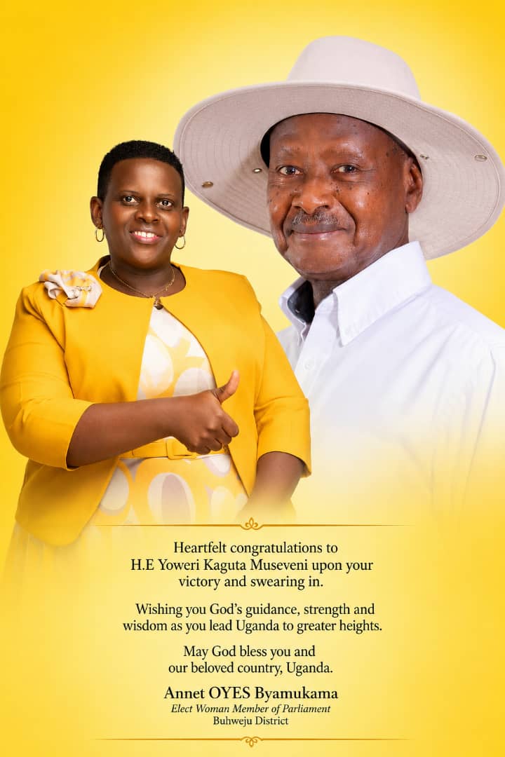 Annet Oyes Byamukama the elect Woman MP for Buhweju congratulates President Yoweri Museveni upon his swear in today