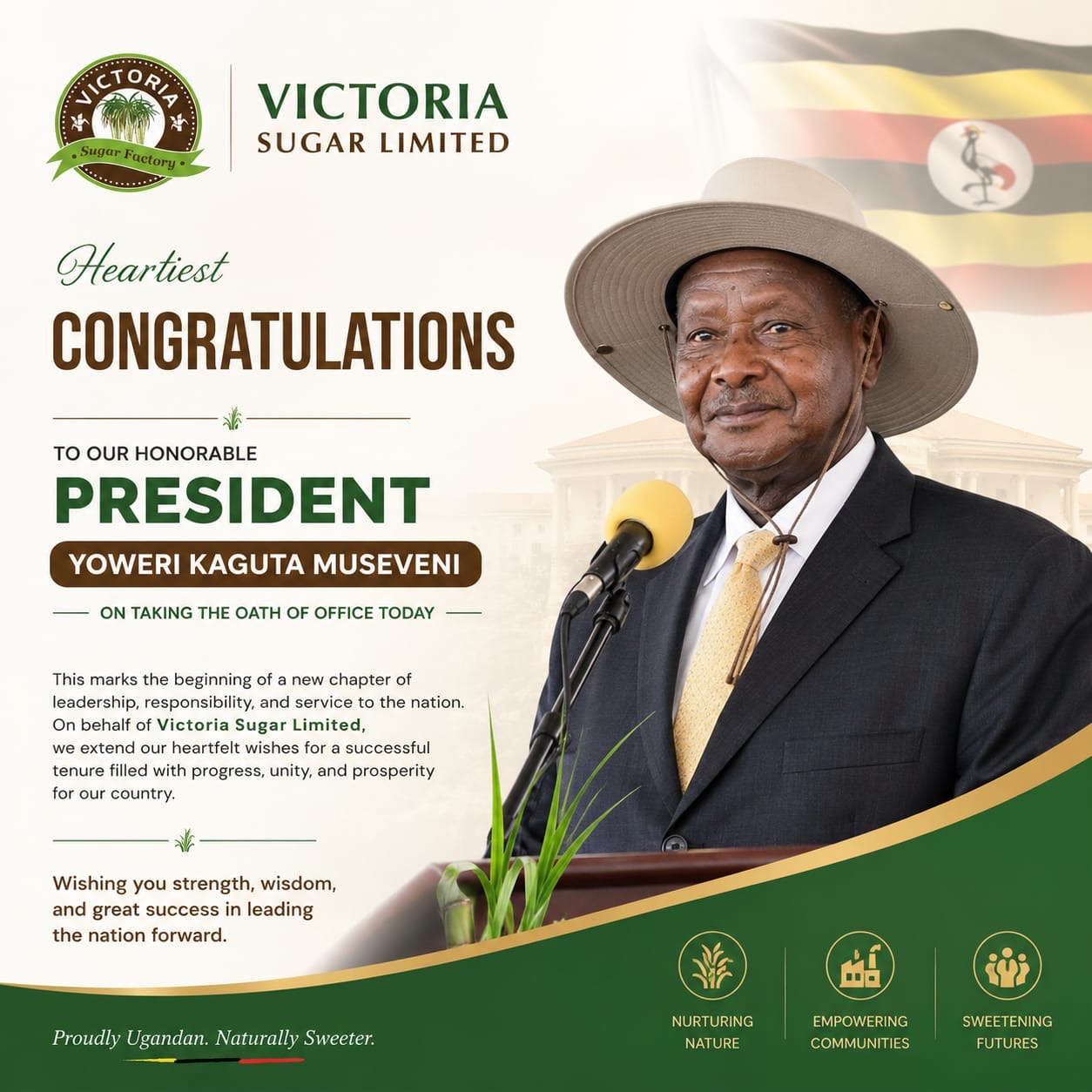 Victoria Sugar Congratulates President Museveni On Swearing-In, Reaffirms Commitment To Uganda’s Economic Transformation