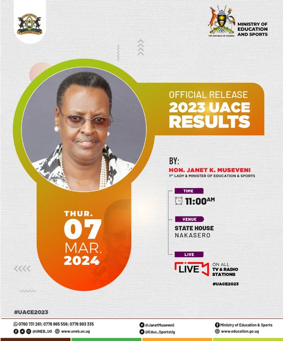 First Lady Janet Museveni Set to Announce UACE 2023 Results