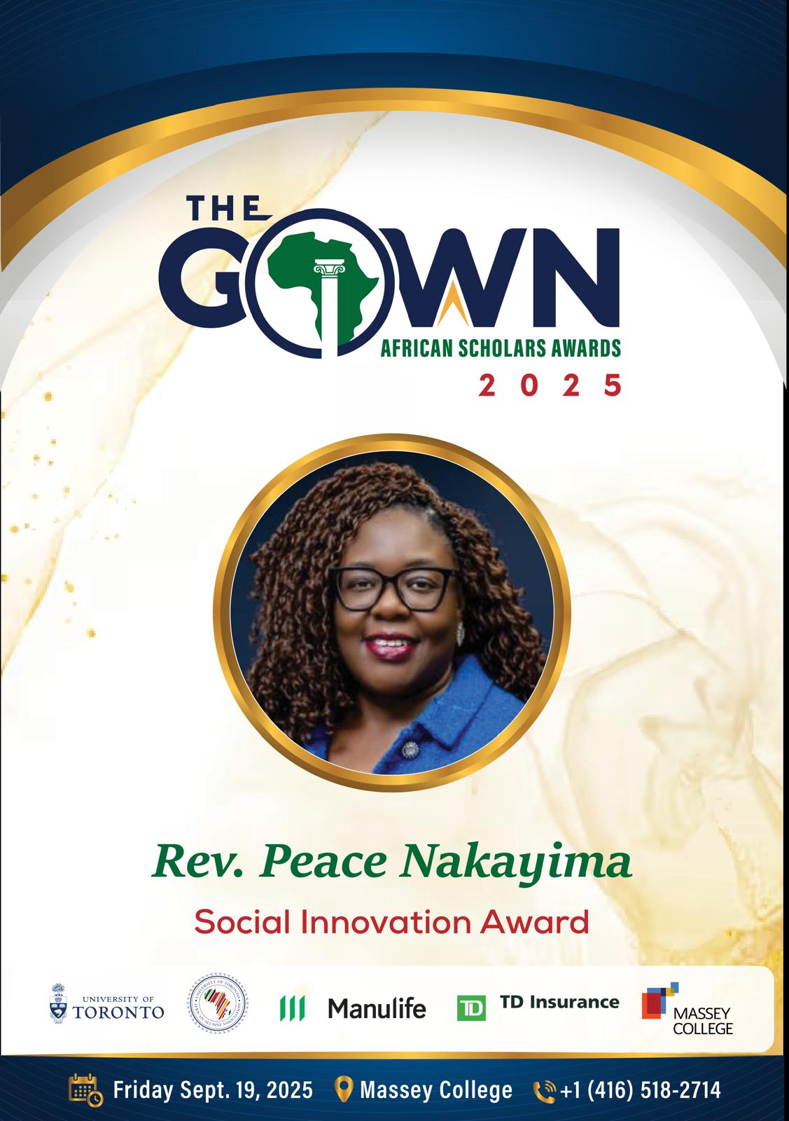 Ugandan Born Rev Peace Nakayima Wins Social Innovation Award at GOWN