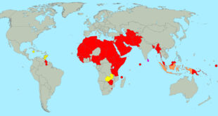 Map of the 65 countries where sexual relations between people of the same sex are illegal. YELLOW countries have sodomy laws that are currently being challenged before local courts. Sri Lanka, in PINK, currently has a bill before its parliament to repeal its sodomy law. Indonesia, in ORANGE, has laws that criminalize homosexuality only in some subnational jurisdictions. All states in RED have nationwide sodomy laws and no known legislative efforts or court challenges to remove them.