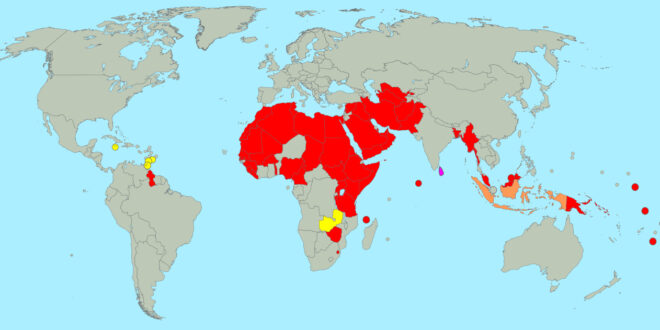 Map of the 65 countries where sexual relations between people of the same sex are illegal. YELLOW countries have sodomy laws that are currently being challenged before local courts. Sri Lanka, in PINK, currently has a bill before its parliament to repeal its sodomy law. Indonesia, in ORANGE, has laws that criminalize homosexuality only in some subnational jurisdictions. All states in RED have nationwide sodomy laws and no known legislative efforts or court challenges to remove them.