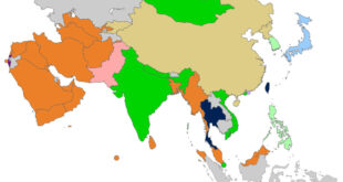 Map of LGBT Rights in Asia: DARK BLUE: Equal marriage and non-discrimination law; LIGHT BLUE: Limited recognition of same-sex unions and discrimination banned in certain regions only; PURPLE: Foreign same-sex marriages recognized, adoption legal, and discrimination banned; GREEN: At least some sexual orientation discrimination banned nationwide; PALE GREEN: Sexual orientation discrimination banned only in certain regions; BEIGE: Crackdowns on LGBT rights advocacy and expression, but homosexuality legal, if only technically; ORANGE: Sodomy illegal; MAGENTA: Sodomy illegal, but discrimination against trans people prohibited.