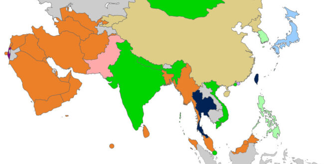 Map of LGBT Rights in Asia: DARK BLUE: Equal marriage and non-discrimination law; LIGHT BLUE: Limited recognition of same-sex unions and discrimination banned in certain regions only; PURPLE: Foreign same-sex marriages recognized, adoption legal, and discrimination banned; GREEN: At least some sexual orientation discrimination banned nationwide; PALE GREEN: Sexual orientation discrimination banned only in certain regions; BEIGE: Crackdowns on LGBT rights advocacy and expression, but homosexuality legal, if only technically; ORANGE: Sodomy illegal; MAGENTA: Sodomy illegal, but discrimination against trans people prohibited.