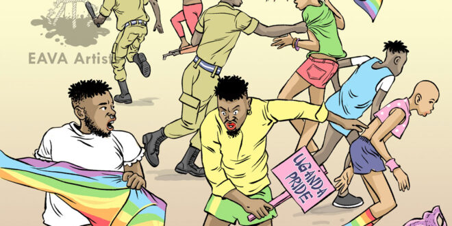 Illuatration shows Ugandan police breaking up a Pride celebration. East Africa Visual Artists used this artwork as an illustration of its article about the court ruling on the ban of the 2014 LGBTQ rights workshop.