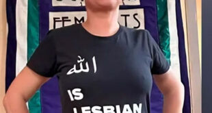Ibtissam (Betty) Lachgar wore her "Allah is lesbian shirt in in a 2022 Facebook post as an act of solidarity with two LGBTQ activists in Iran who were sentenced to death after being accused of promoting homosexuality, promoting Christianity, and communicating with media hostile to the Islamic Republic. (Photo courtesy of Ibtissam Lachgar)